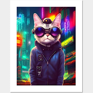 Cool Japanese Techno Cat In Japan Neon City Posters and Art